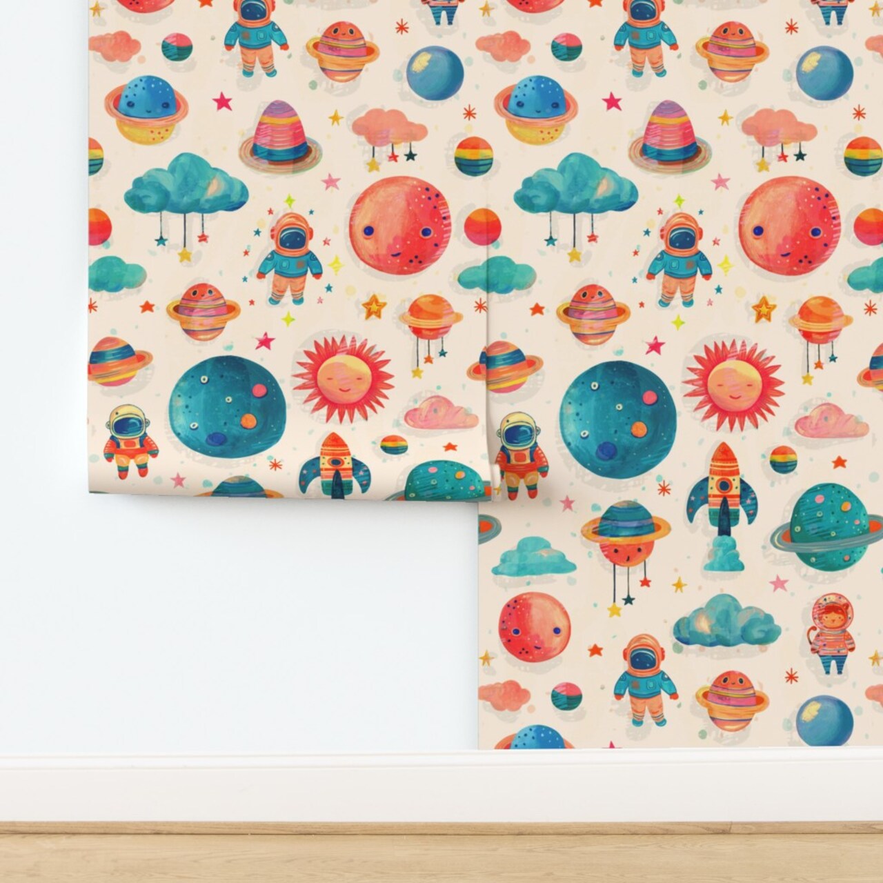 Whimsical Watercolor Baby Kids Nursery Planets Space Ship Stars Moon Clouds Celestial Brush Strokes Astronaut Outer Novelty Sky Galaxy Custom Removable Wallpaper by Spoonflower Peel & Stick Wallpaper 2FT Wide